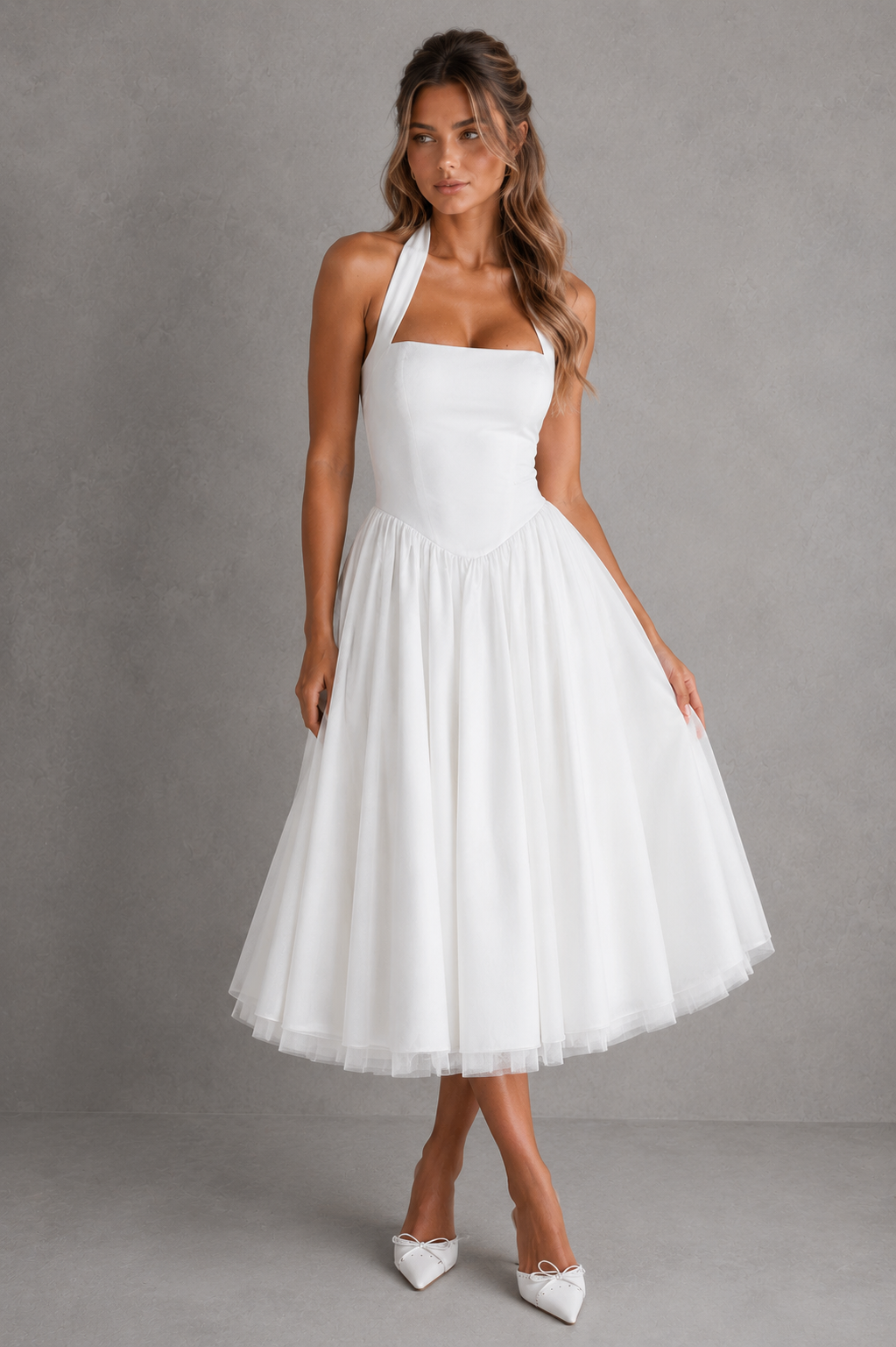 Women's halter midi dress with a square neckline, fitted bodice, princess seams, lace-up back, shirred panel, and flowing midi skirt in lightweight cotton blend voile for evening and formal occasions.