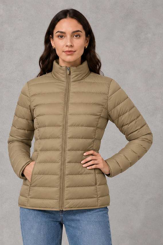 Women’s high neck quilted puffer jacket with horizontal quilting, lightweight insulated padding, zip-front closure, practical pockets, and a streamlined silhouette.