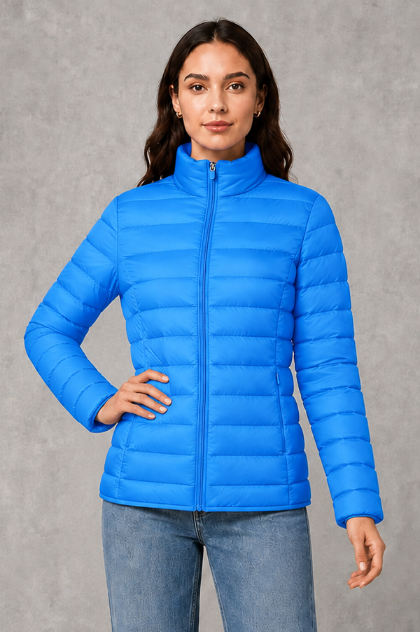 Women’s high neck quilted puffer jacket with horizontal quilting, lightweight insulated padding, zip-front closure, practical pockets, and a streamlined silhouette.