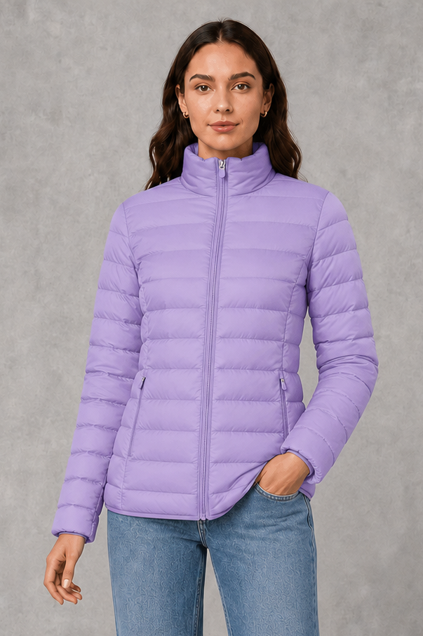 Women’s high neck quilted puffer jacket with horizontal quilting, lightweight insulated padding, zip-front closure, practical pockets, and a streamlined silhouette.