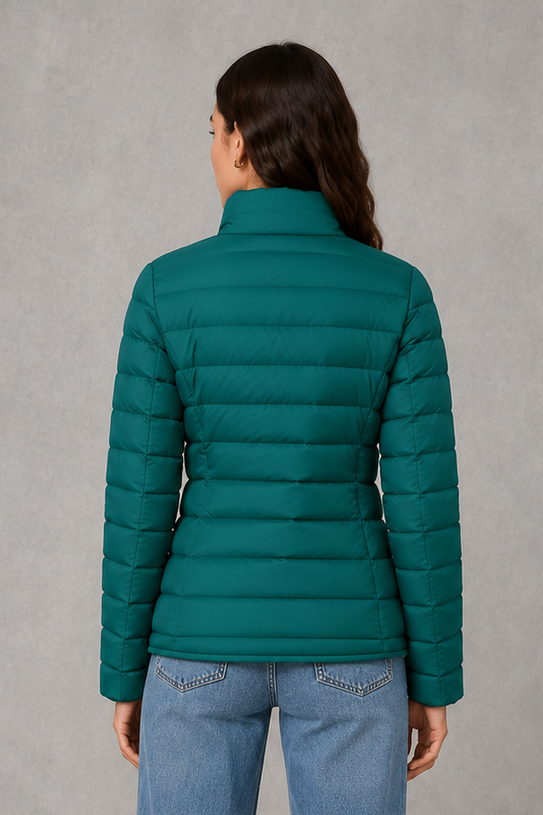 Women’s high neck quilted puffer jacket with horizontal quilting, lightweight insulated padding, zip-front closure, practical pockets, and a streamlined silhouette.
