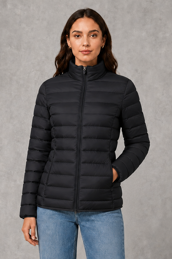 Women’s high neck quilted puffer jacket with horizontal quilting, lightweight insulated padding, zip-front closure, practical pockets, and a streamlined silhouette.