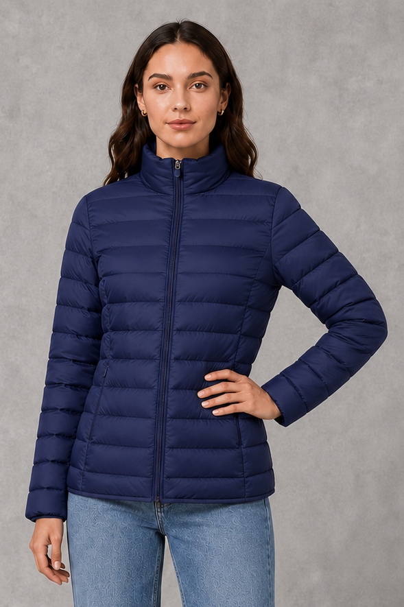 Women’s high neck quilted puffer jacket with horizontal quilting, lightweight insulated padding, zip-front closure, practical pockets, and a streamlined silhouette.