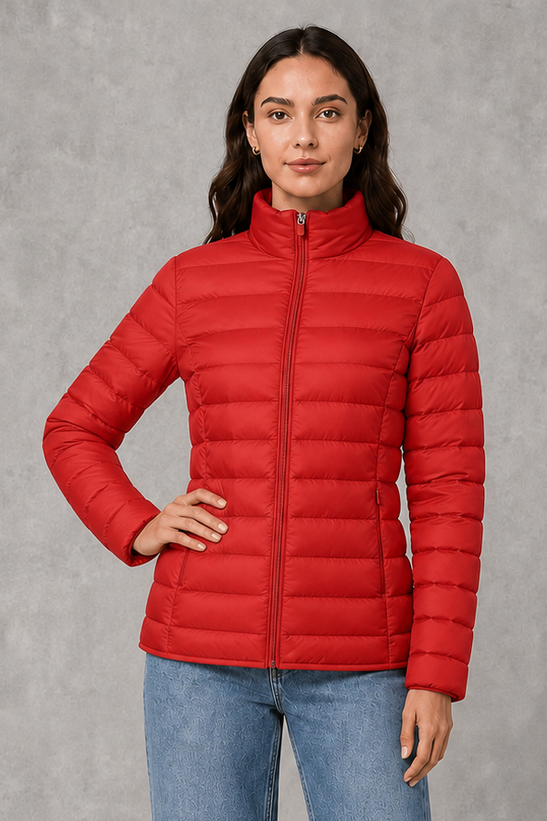 Women’s high neck quilted puffer jacket with horizontal quilting, lightweight insulated padding, zip-front closure, practical pockets, and a streamlined silhouette.