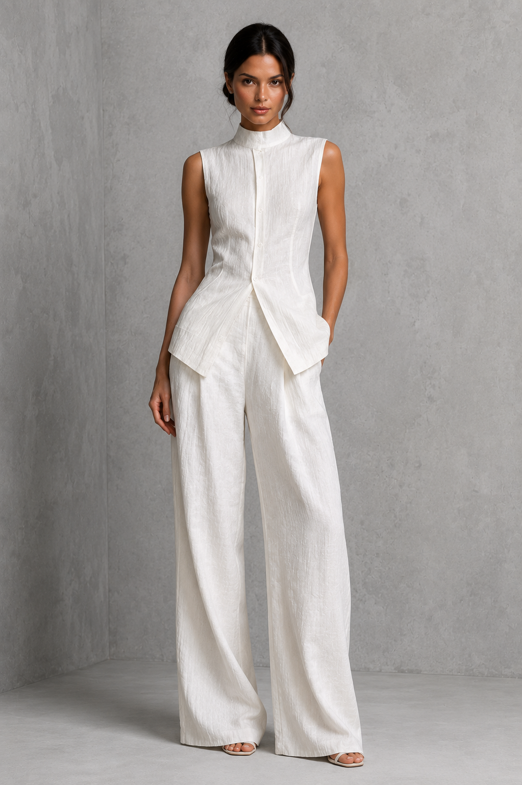 Women’s two-piece set featuring a sleeveless high-neck button-front top with a layered hem and matching flowing wide-leg pants.