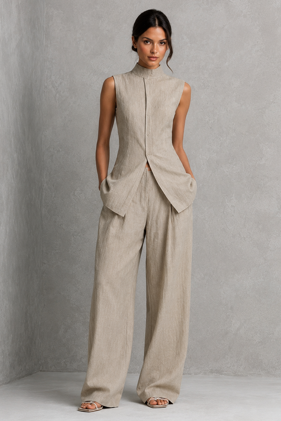 Women’s two-piece set featuring a sleeveless high-neck button-front top with a layered hem and matching flowing wide-leg pants.