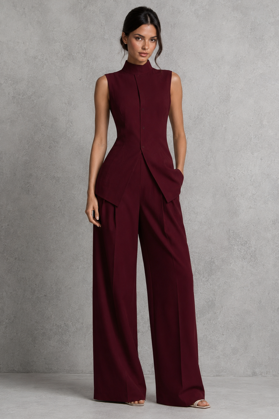 Women’s two-piece set featuring a sleeveless high-neck button-front top with a layered hem and matching flowing wide-leg pants.