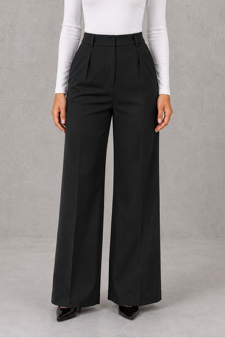 Women’s high-waisted straight-leg pants with a flattering high-rise waist, smooth woven fabric, tailored fit, and clean minimalist silhouette.