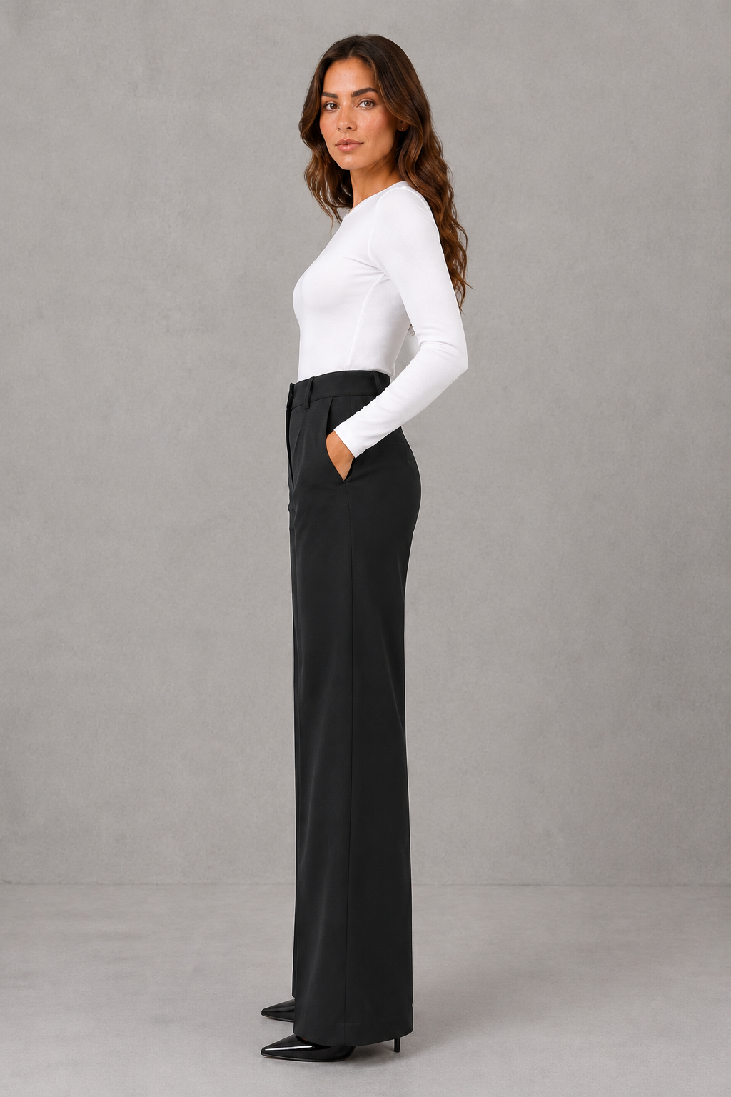 Women’s high-waisted straight-leg pants with a flattering high-rise waist, smooth woven fabric, tailored fit, and clean minimalist silhouette.