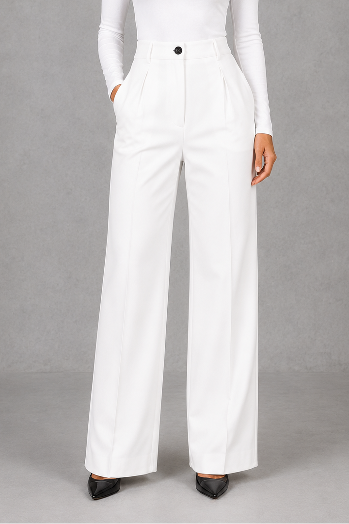 Women’s high-waisted straight-leg pants with a flattering high-rise waist, smooth woven fabric, tailored fit, and clean minimalist silhouette.