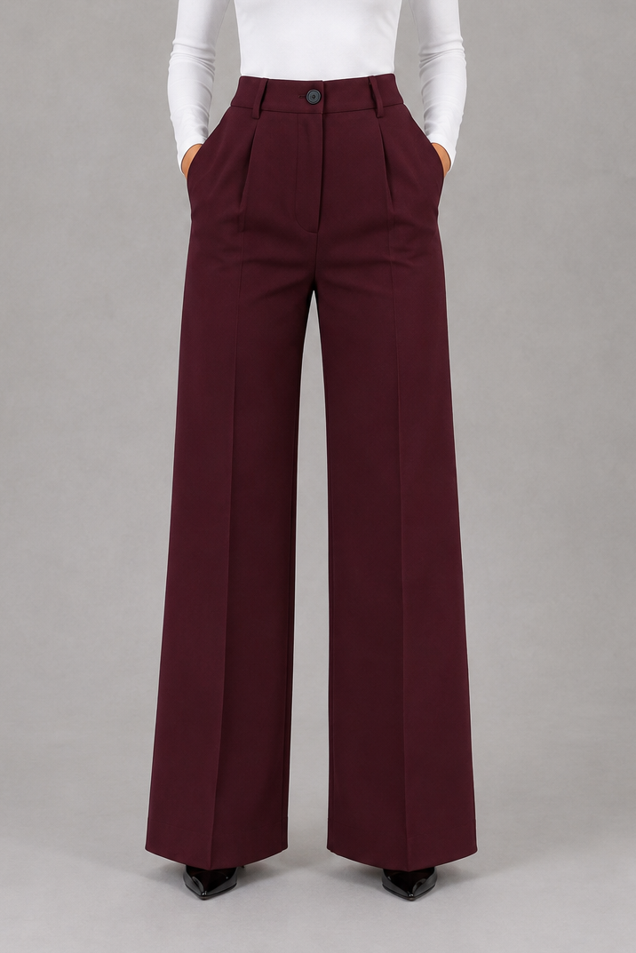 Women’s high-waisted straight-leg pants with a flattering high-rise waist, smooth woven fabric, tailored fit, and clean minimalist silhouette.