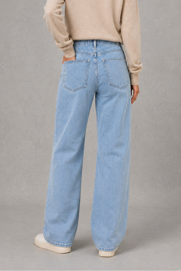 Women’s high-waisted wide-leg jeans with a light wash, high-rise waist, relaxed straight legs, five-pocket design, and classic button-and-zip closure.