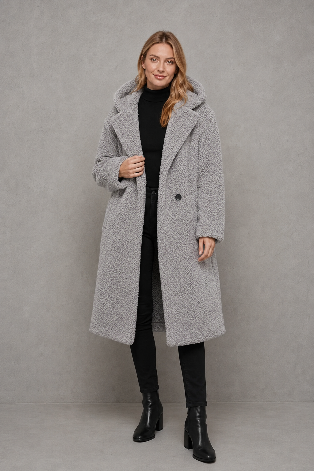 Women’s hooded quilted longline coat with soft insulated padding, a relaxed silhouette, protective hood and deep side pockets.