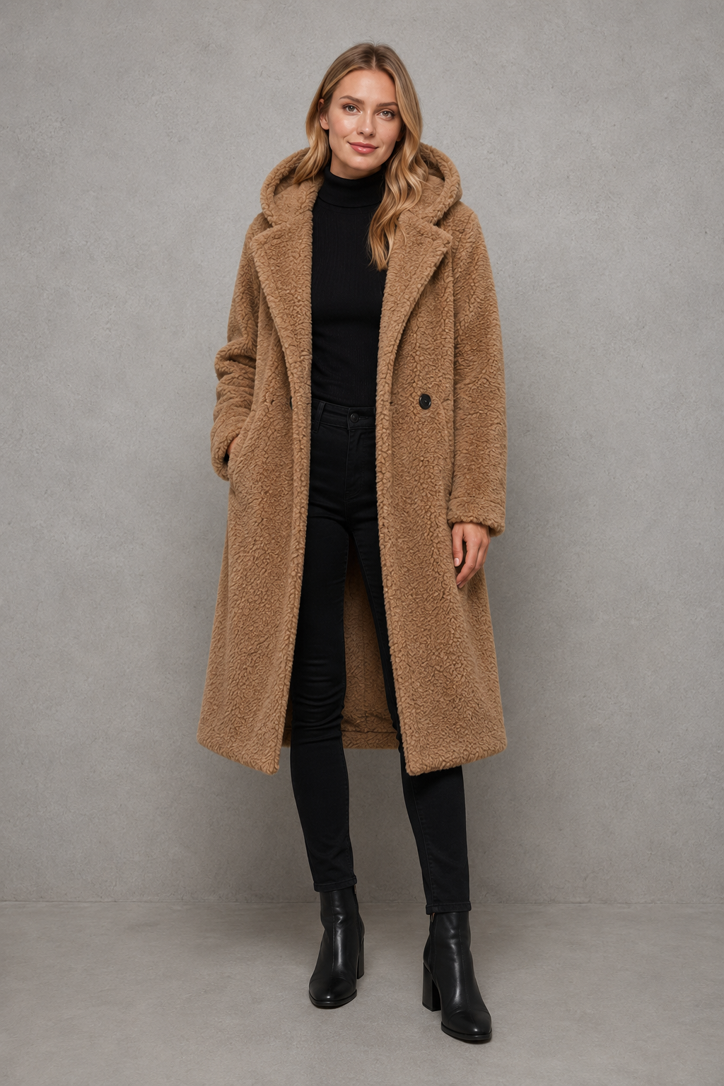 Women’s hooded quilted longline coat with soft insulated padding, a relaxed silhouette, protective hood and deep side pockets.