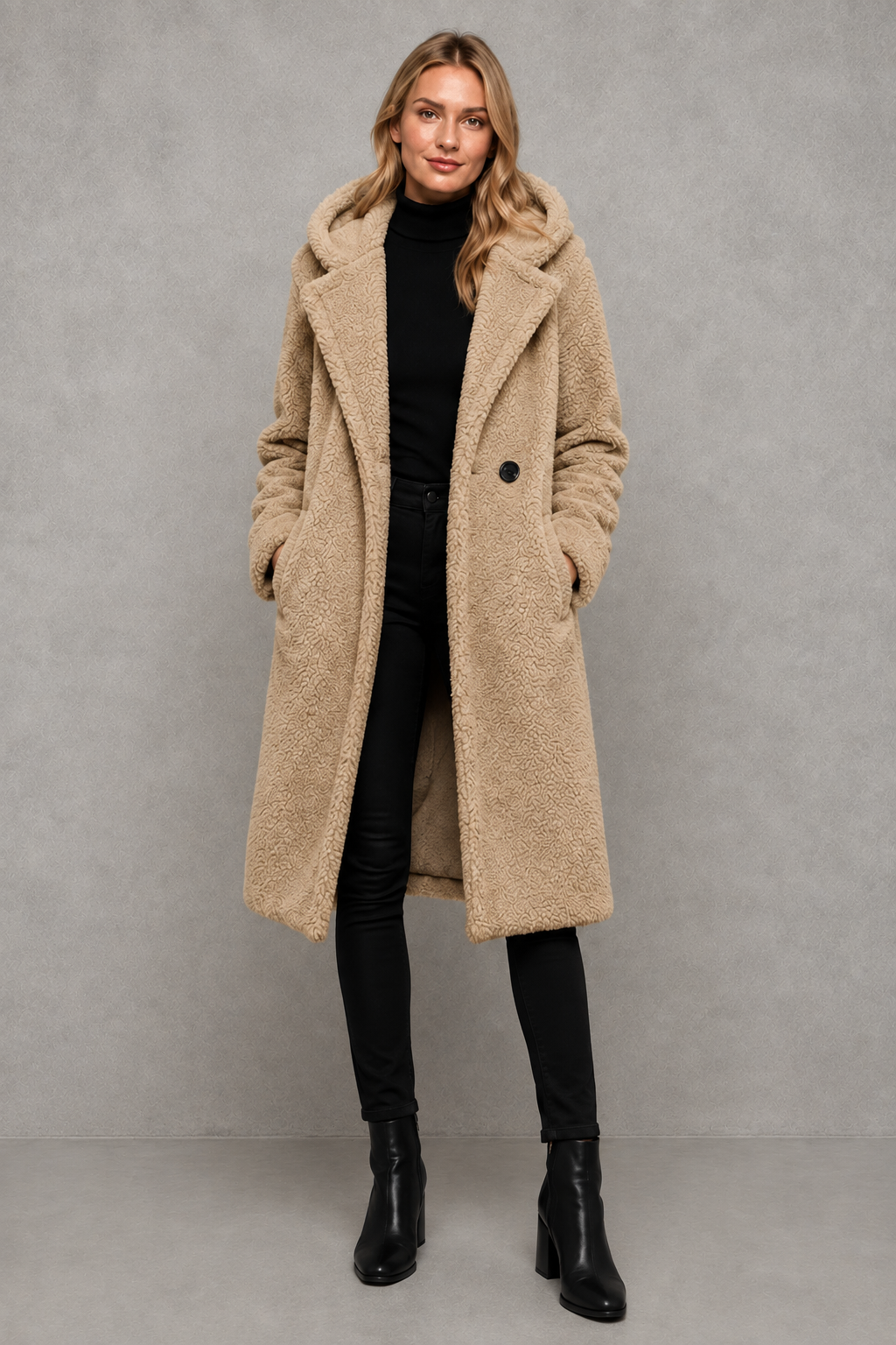 Women’s hooded quilted longline coat with soft insulated padding, a relaxed silhouette, protective hood and deep side pockets.