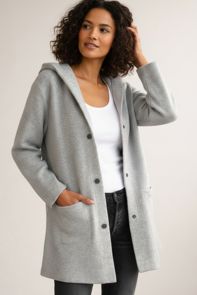 Woman wearing a gray cardigan over a white top and black pants on a plain background