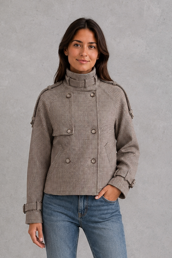 Women’s houndstooth button coat with a classic woven pattern, elegant high neckline, front button detailing, and structured tailored silhouette.