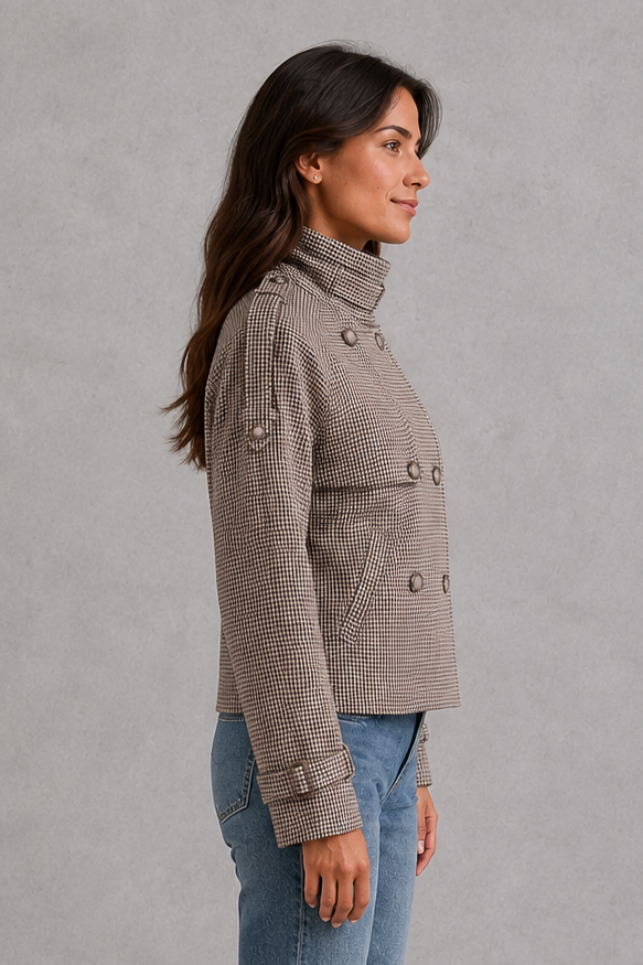 Women’s houndstooth button coat with a classic woven pattern, elegant high neckline, front button detailing, and structured tailored silhouette.