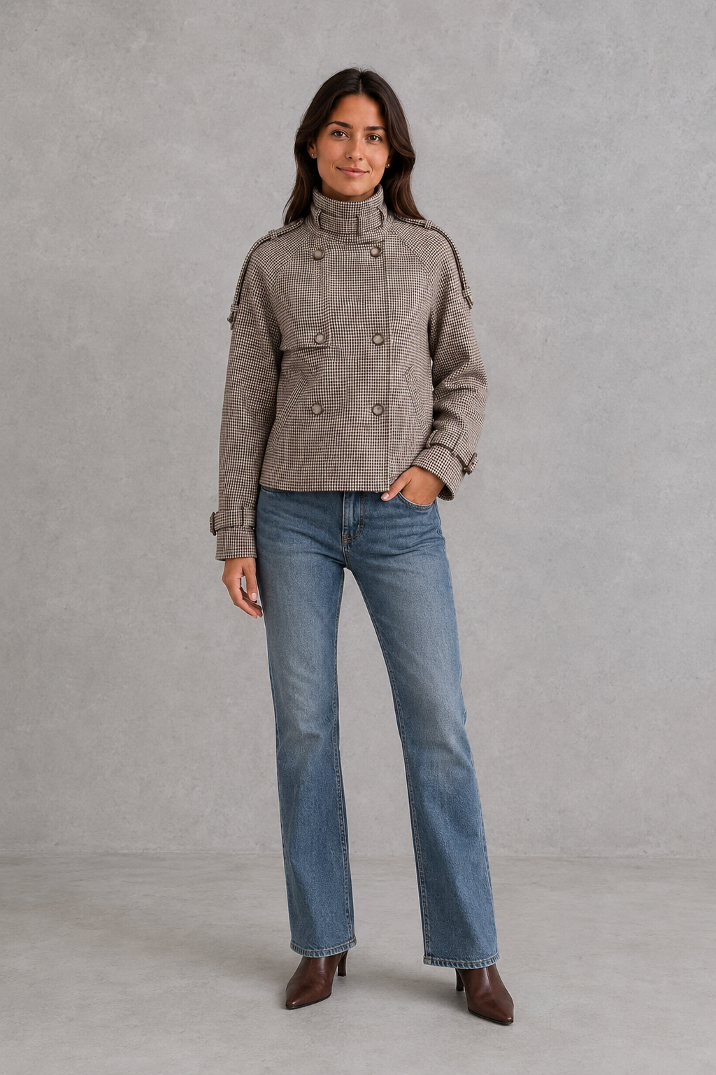 Women’s houndstooth button coat with a classic woven pattern, elegant high neckline, front button detailing, and structured tailored silhouette.