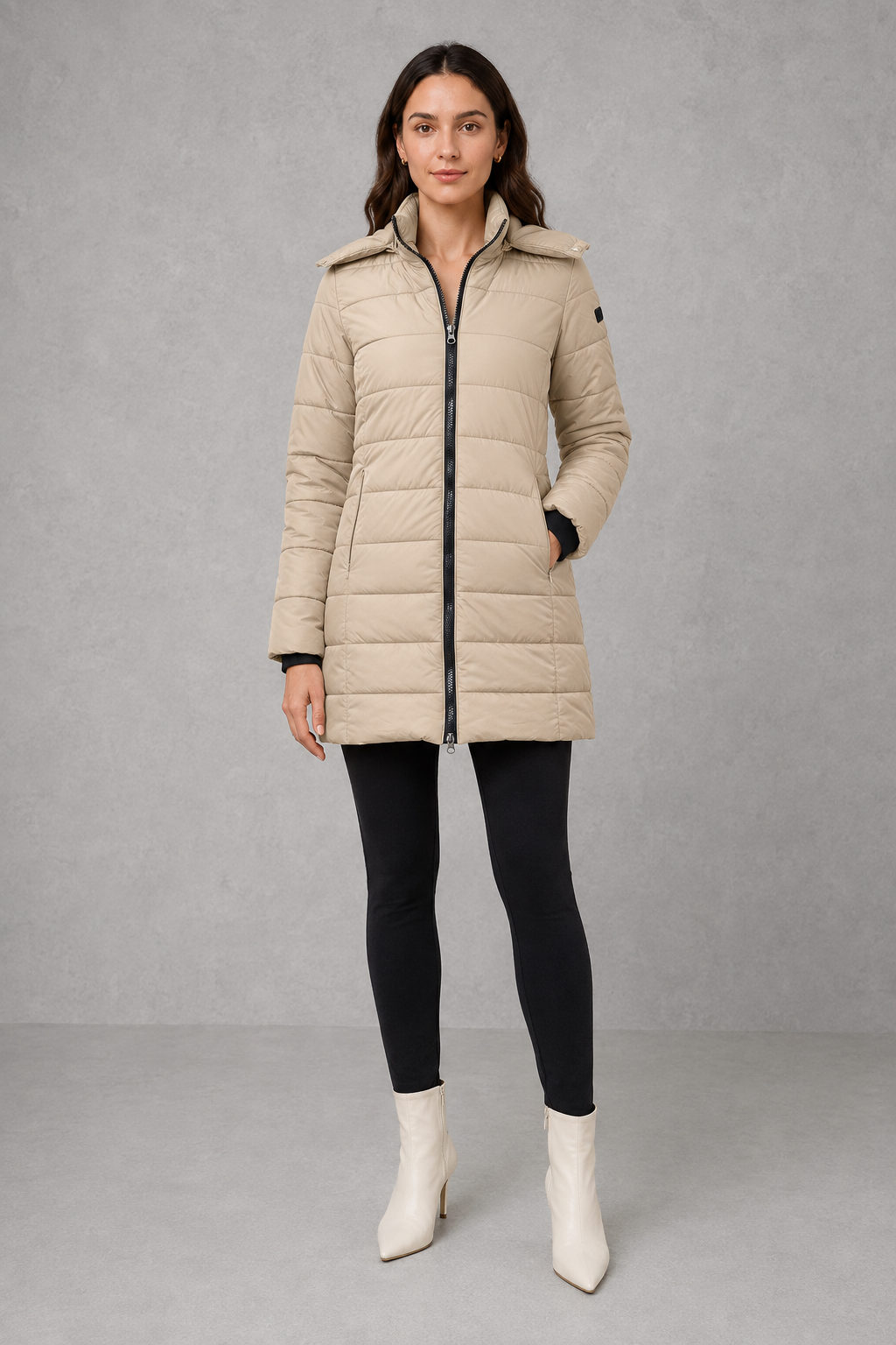 Women’s insulated hooded puffer coat with lightweight padding, protective hood, full-length front zipper, and a streamlined silhouette for cold-weather wear.