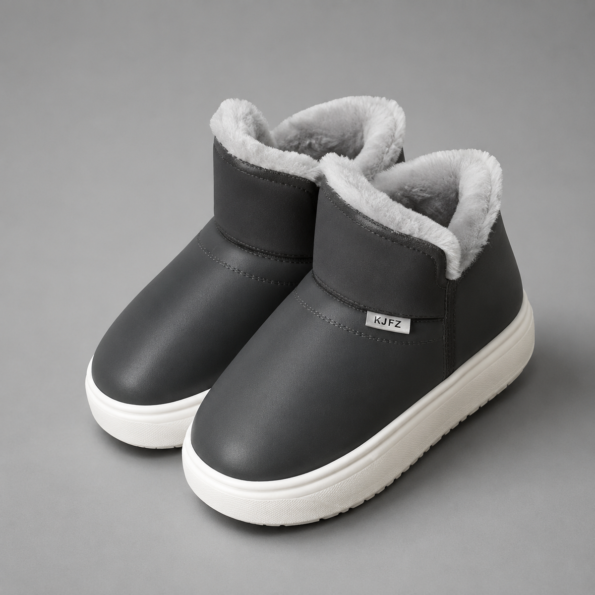 Women’s knee-high wedge snow boots with a smooth PU upper, warm plush lining, round toe, slip-on design, and durable rubber outsole.
