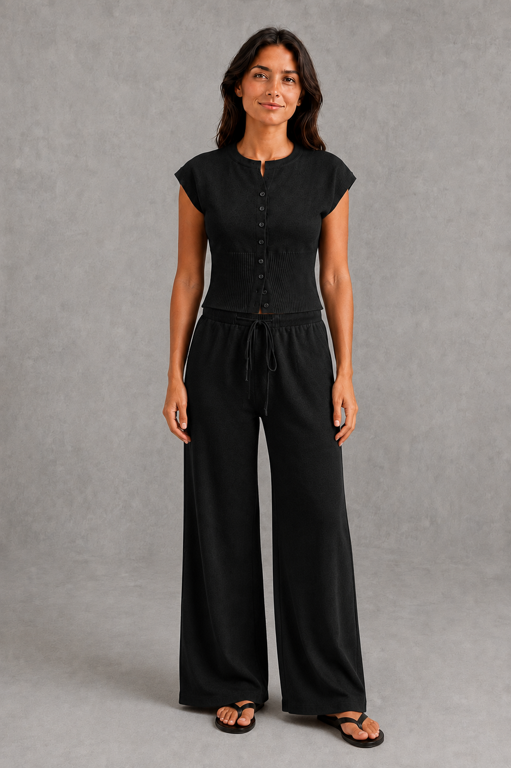 Women’s knit two-piece set featuring a sleeveless button-front top with ribbed waist detailing and matching drawstring wide-leg pants.