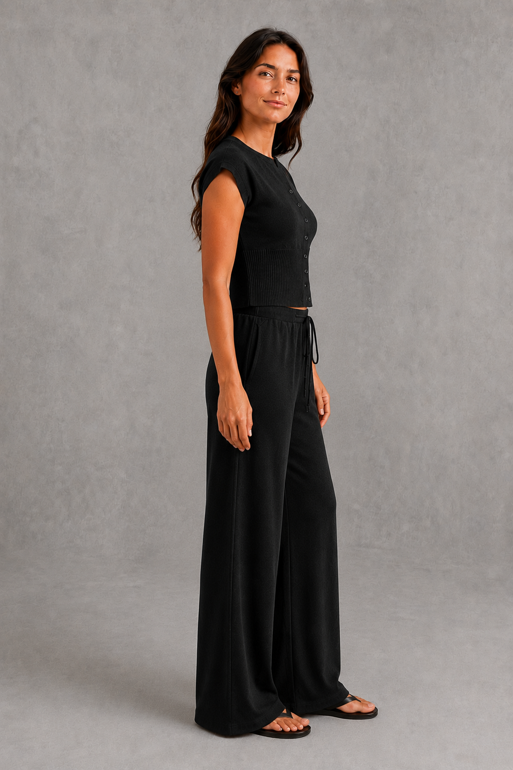 Women’s knit two-piece set featuring a sleeveless button-front top with ribbed waist detailing and matching drawstring wide-leg pants.