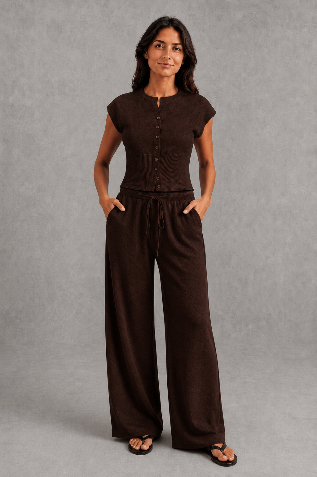 Women’s knit two-piece set featuring a sleeveless button-front top with ribbed waist detailing and matching drawstring wide-leg pants.