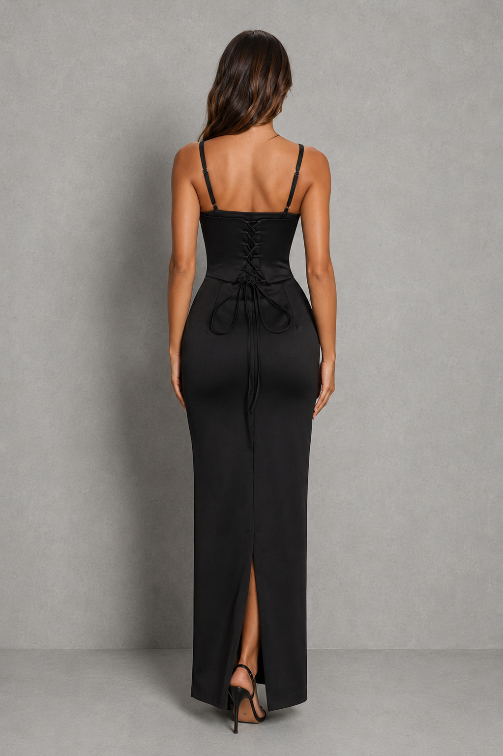 Women’s lace-up column maxi dress with underwired bodice, adjustable shoulder straps, fitted waist, satin finish, and back split.