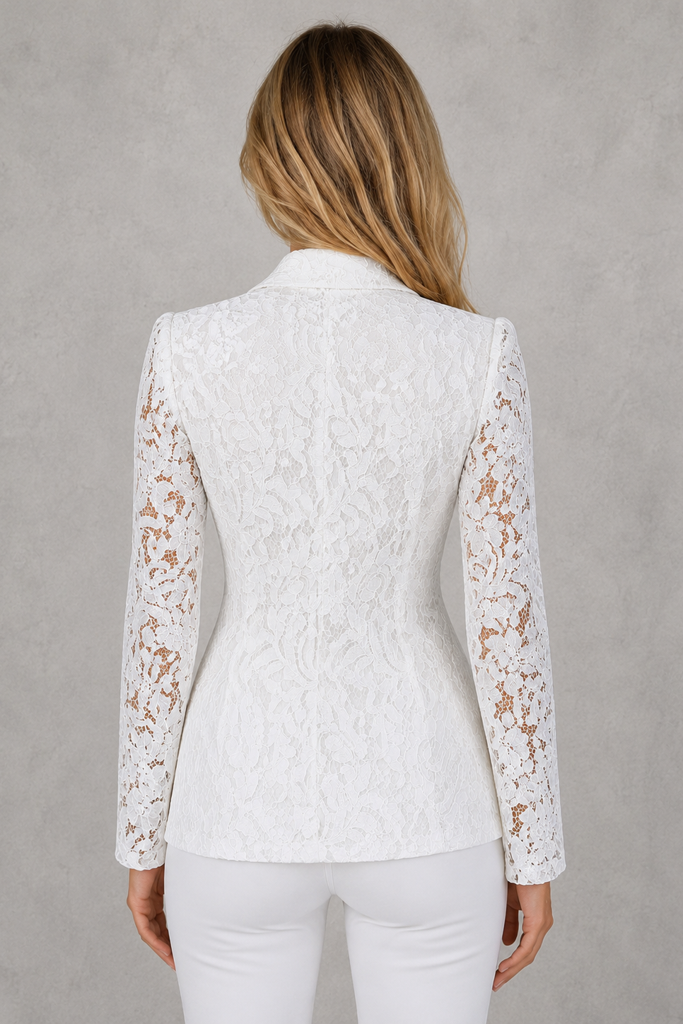 Women’s tailored lace blazer with intricate all-over lace detailing, classic lapel collar, lightweight construction, and a feminine fitted silhouette.