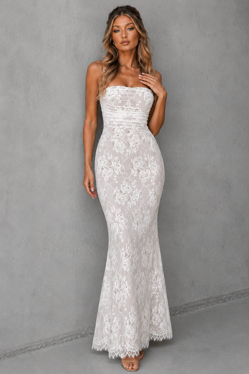 Women's lace corset sculpting maxi dress featuring a structured corset bodice, delicate all-over lace, adjustable lace-up back, and a flowing floor-length silhouette for weddings, formal events, and elegant occasions.