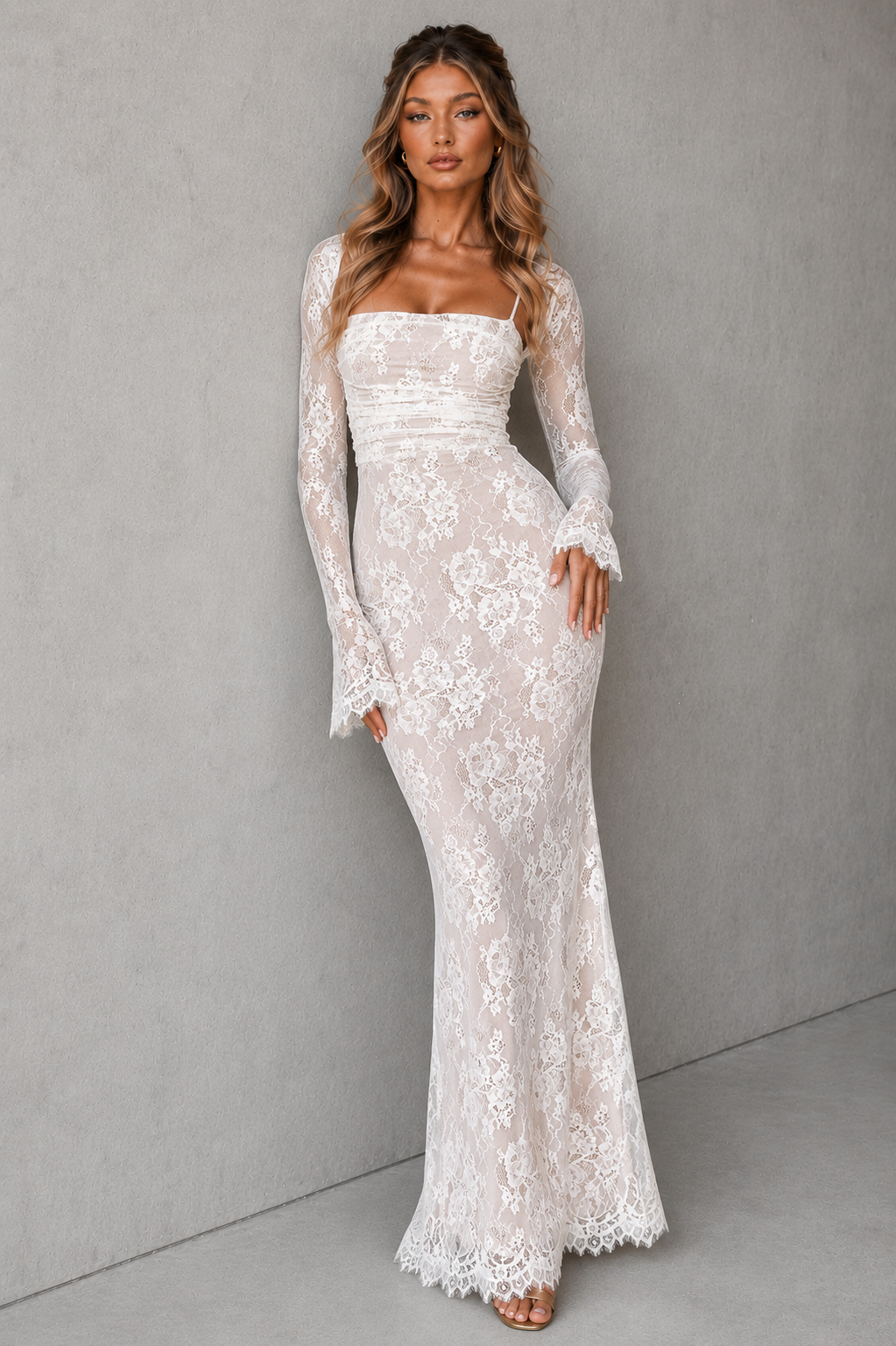 Women's lace corset sculpting maxi dress featuring a structured corset bodice, delicate all-over lace, adjustable lace-up back, and a flowing floor-length silhouette for weddings, formal events, and elegant occasions.
