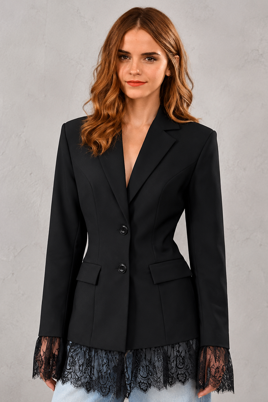 Women's lace single-breasted blazer jacket with a notched lapel, full-length sleeves and regular fit, ideal for office, business and smart casual wear.