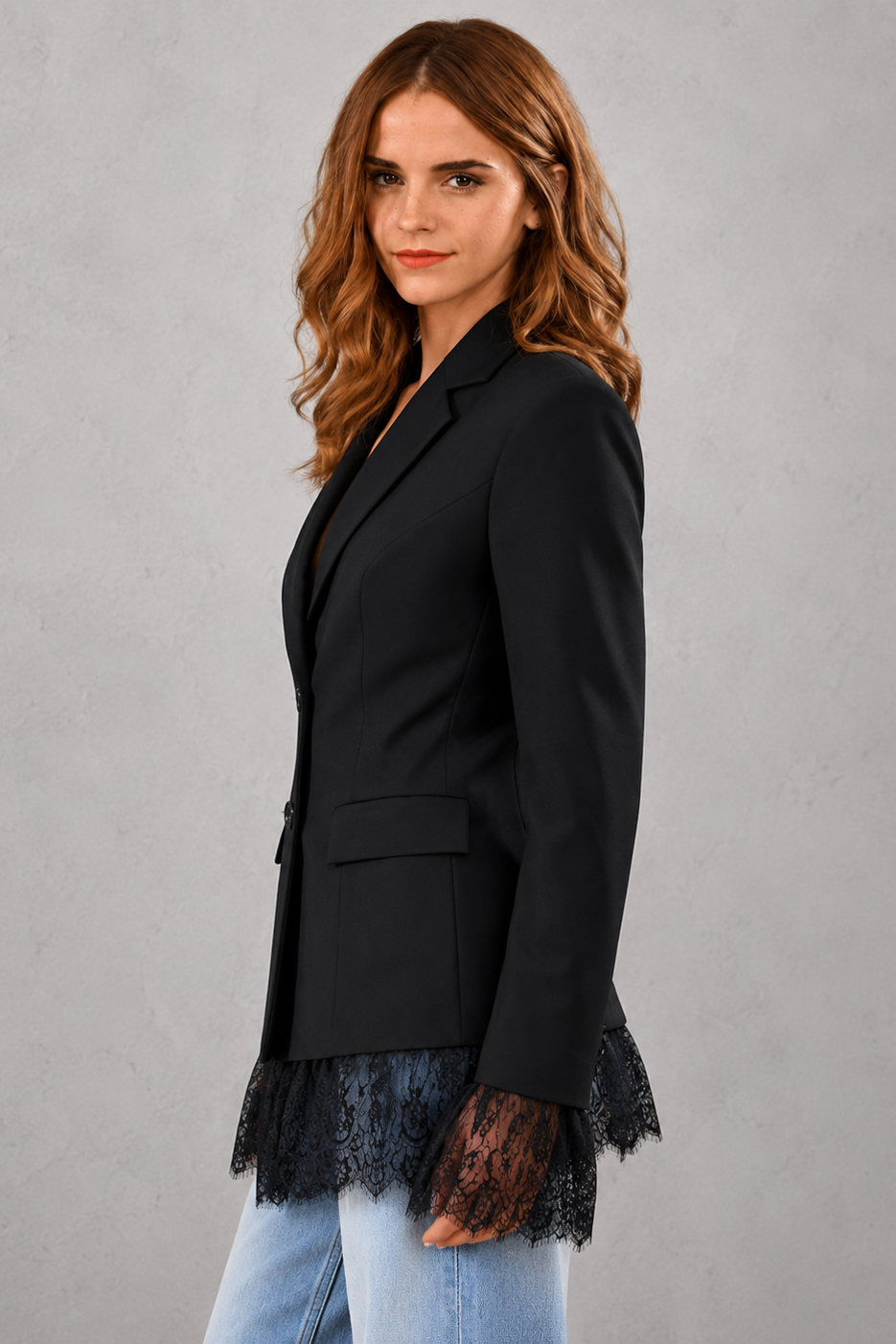 Women's lace single-breasted blazer jacket with a notched lapel, full-length sleeves and regular fit, ideal for office, business and smart casual wear.
