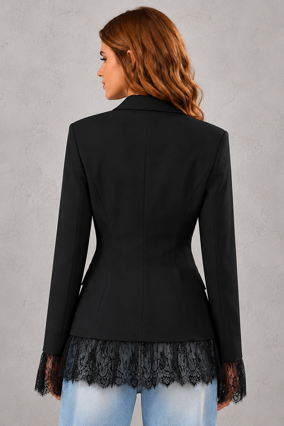 Women's lace single-breasted blazer jacket with a notched lapel, full-length sleeves and regular fit, ideal for office, business and smart casual wear.