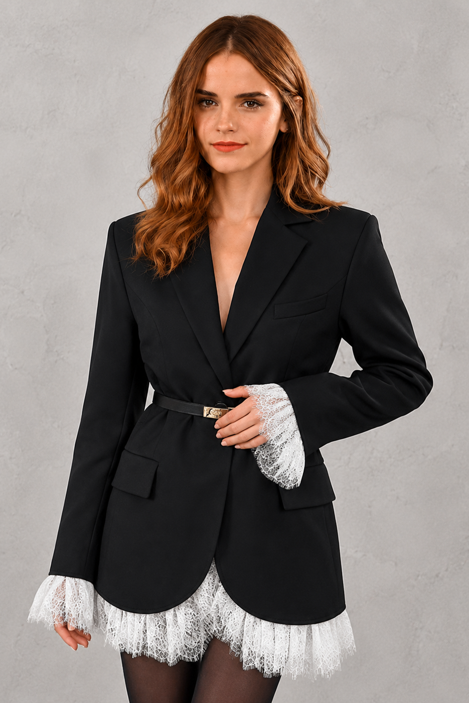 Women's lace single-breasted blazer jacket with a notched lapel, full-length sleeves and regular fit, ideal for office, business and smart casual wear.