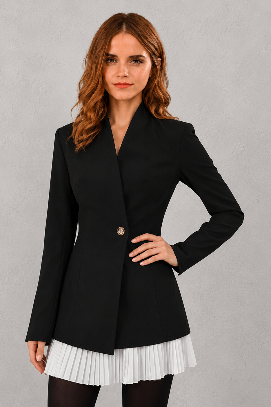 Women's lace single-breasted blazer jacket with a notched lapel, full-length sleeves and regular fit, ideal for office, business and smart casual wear.