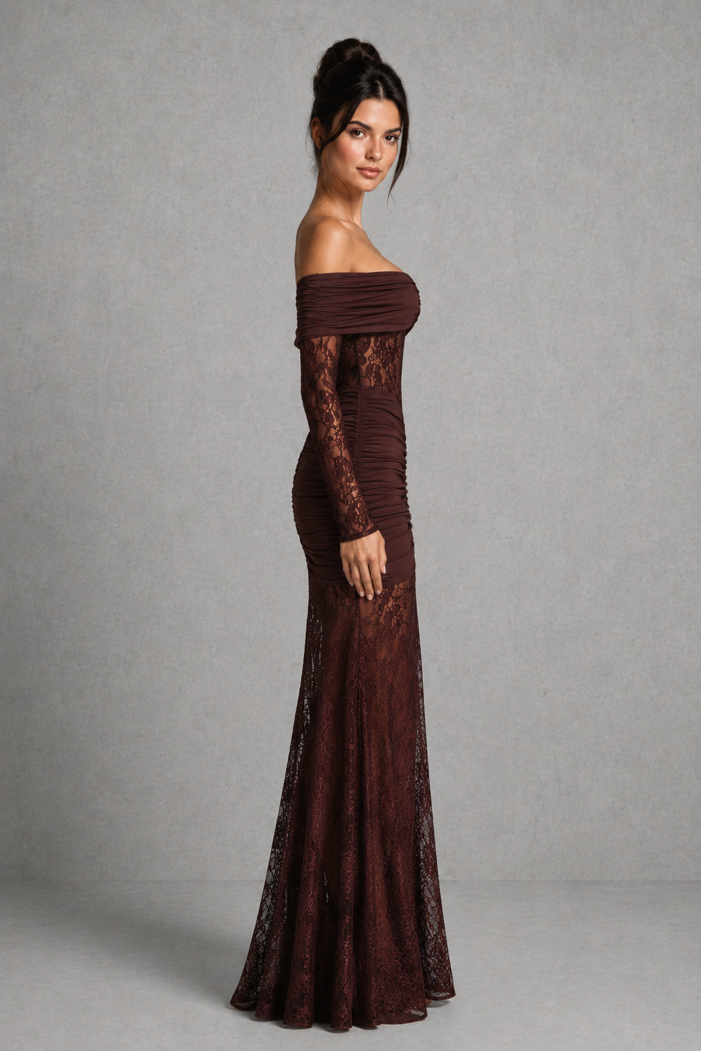 Women's  maxi dress with sheer floral lace long sleeves, ruched hip detailing, body-contouring stretch jersey silhouette, semi-sheer lace waist and skirt panels, and softly flared hem for evening and formal occasions.