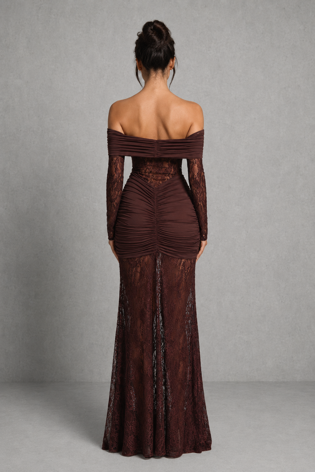 Women's  maxi dress with sheer floral lace long sleeves, ruched hip detailing, body-contouring stretch jersey silhouette, semi-sheer lace waist and skirt panels, and softly flared hem for evening and formal occasions.