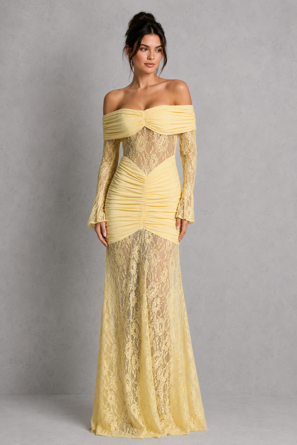 Women's  maxi dress with sheer floral lace long sleeves, ruched hip detailing, body-contouring stretch jersey silhouette, semi-sheer lace waist and skirt panels, and softly flared hem for evening and formal occasions.