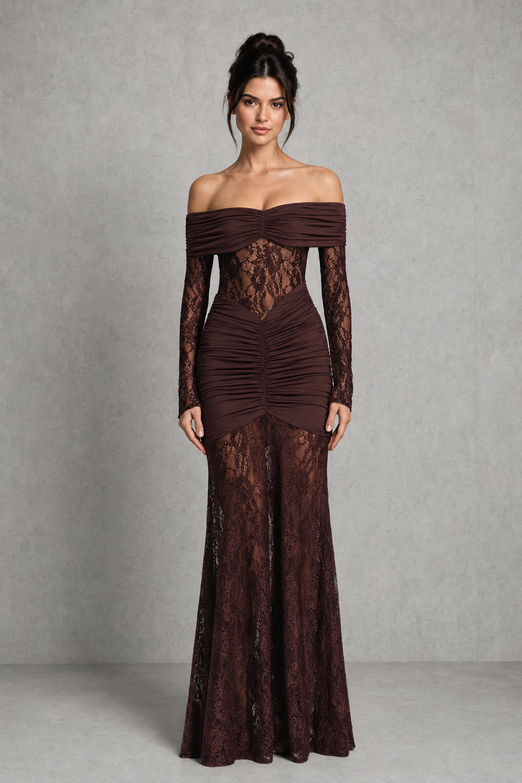 Women's  maxi dress with sheer floral lace long sleeves, ruched hip detailing, body-contouring stretch jersey silhouette, semi-sheer lace waist and skirt panels, and softly flared hem for evening and formal occasions.