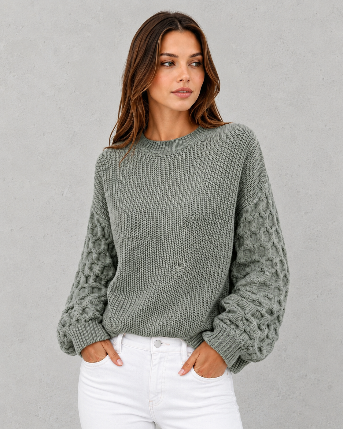 Women's relax fit spring sweater with textured lantern sleeves, soft knit construction, and relaxed silhouette for elegant everyday wear.