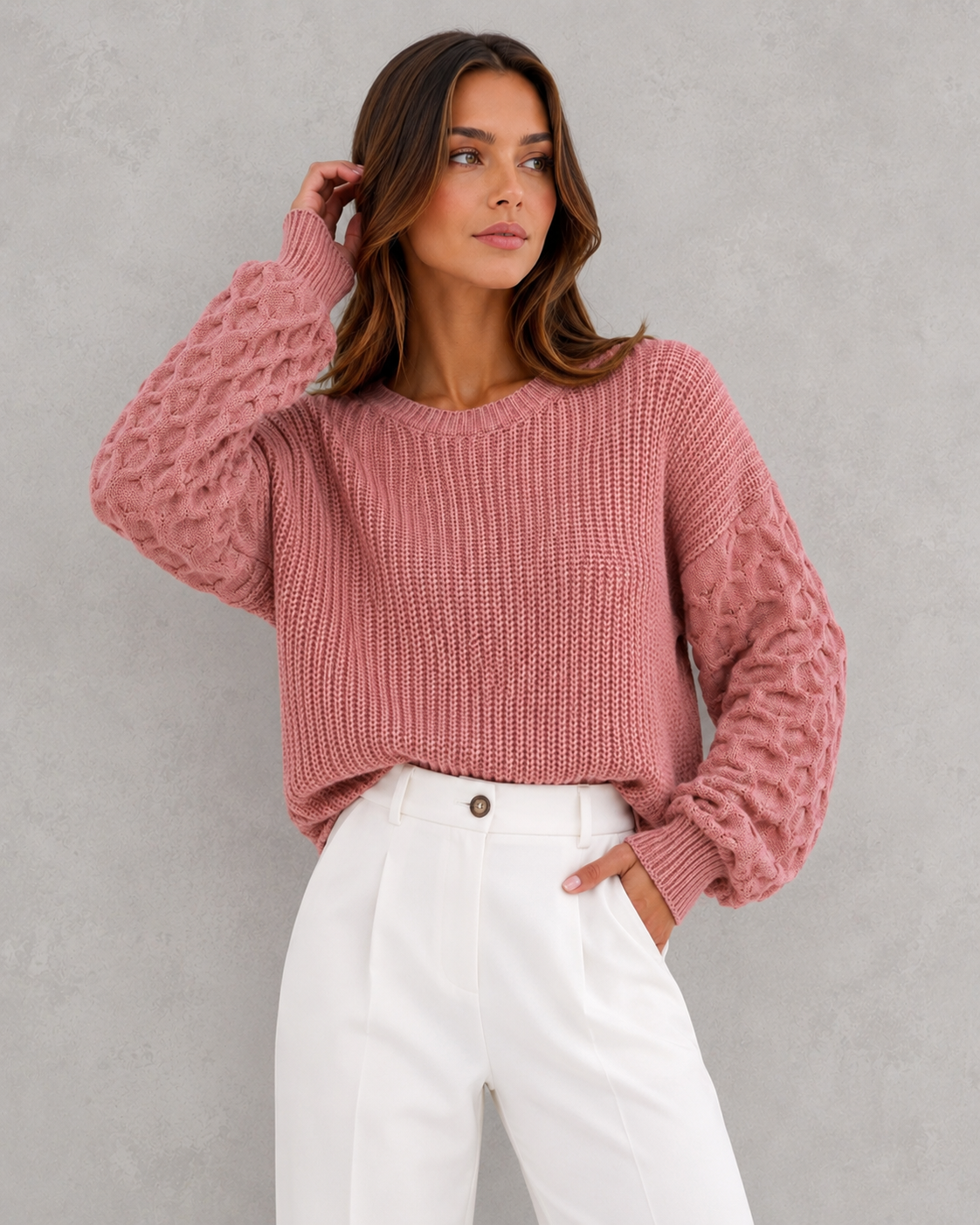 Women's relax fit spring sweater with textured lantern sleeves, soft knit construction, and relaxed silhouette for elegant everyday wear.