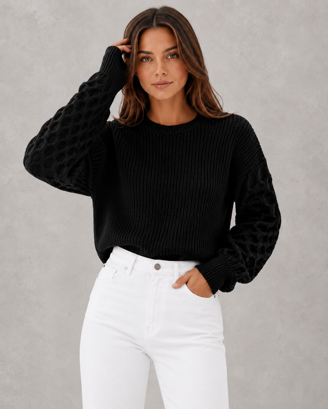 Women's relax fit spring sweater with textured lantern sleeves, soft knit construction, and relaxed silhouette for elegant everyday wear.