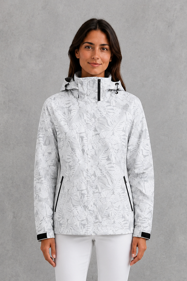 Women’s leaf print hooded rain jacket with a botanical pattern, adjustable drawstring waist and lightweight waterproof, windproof construction.