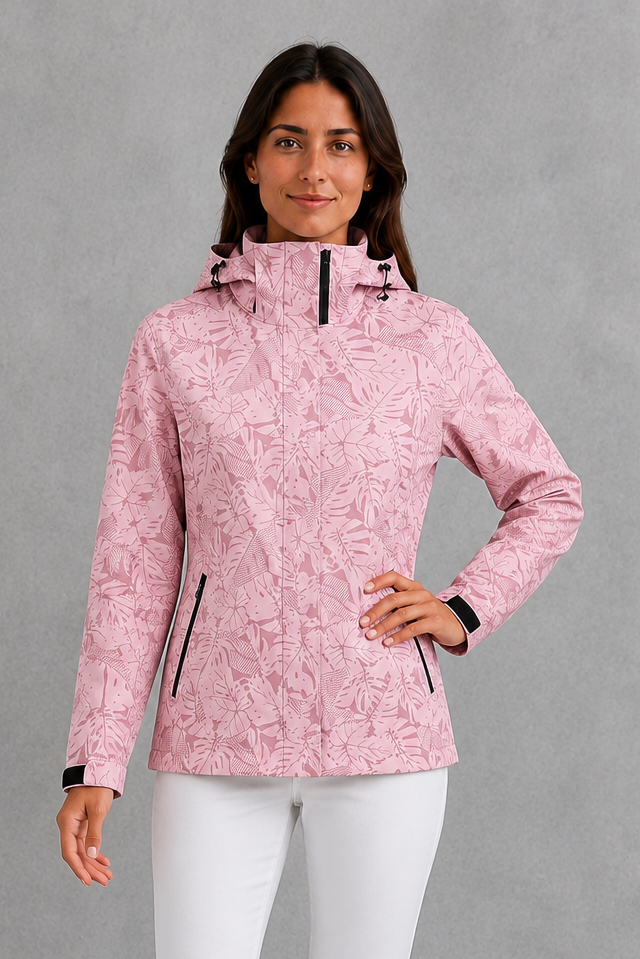 Women’s leaf print hooded rain jacket with a botanical pattern, adjustable drawstring waist and lightweight waterproof, windproof construction.