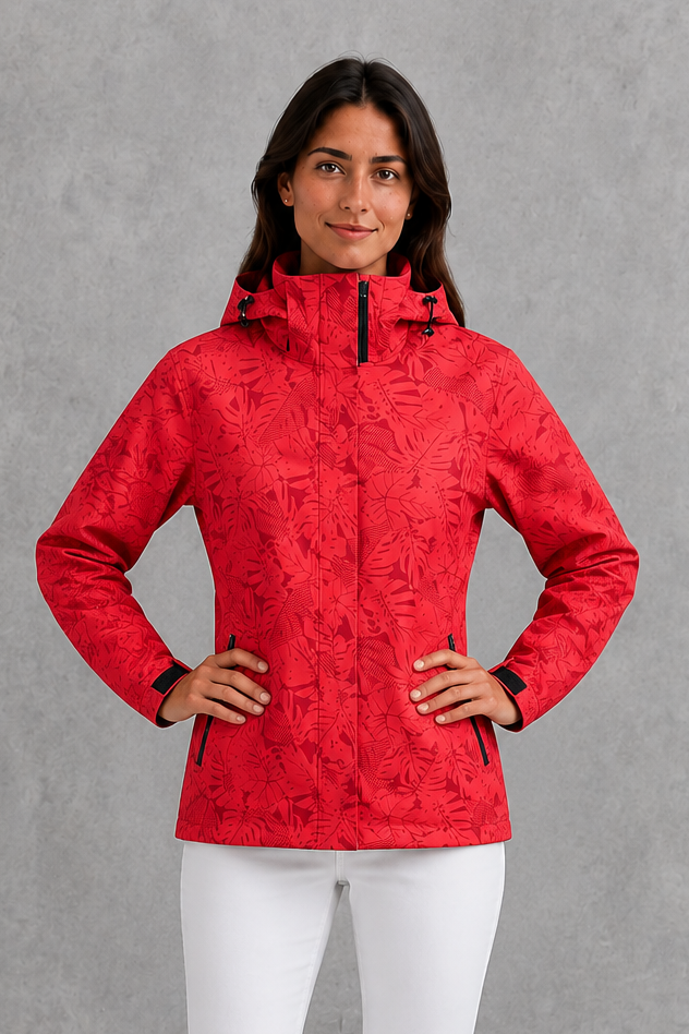 Women’s leaf print hooded rain jacket with a botanical pattern, adjustable drawstring waist and lightweight waterproof, windproof construction.