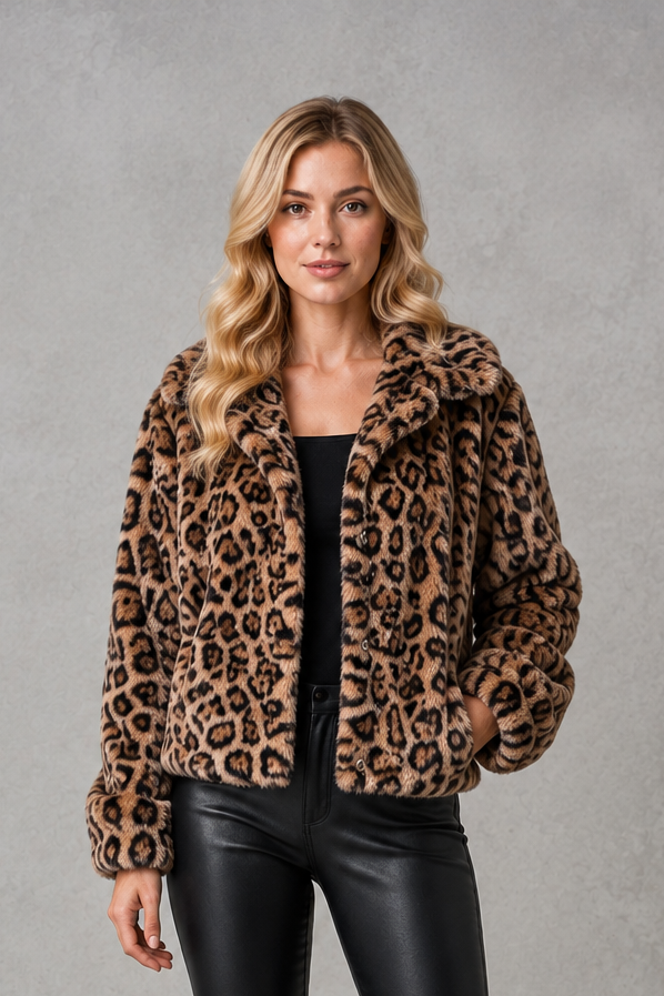 Women’s leopard print faux fur cropped jacket with a soft plush texture, relaxed fit, long sleeves, and bold animal print design.