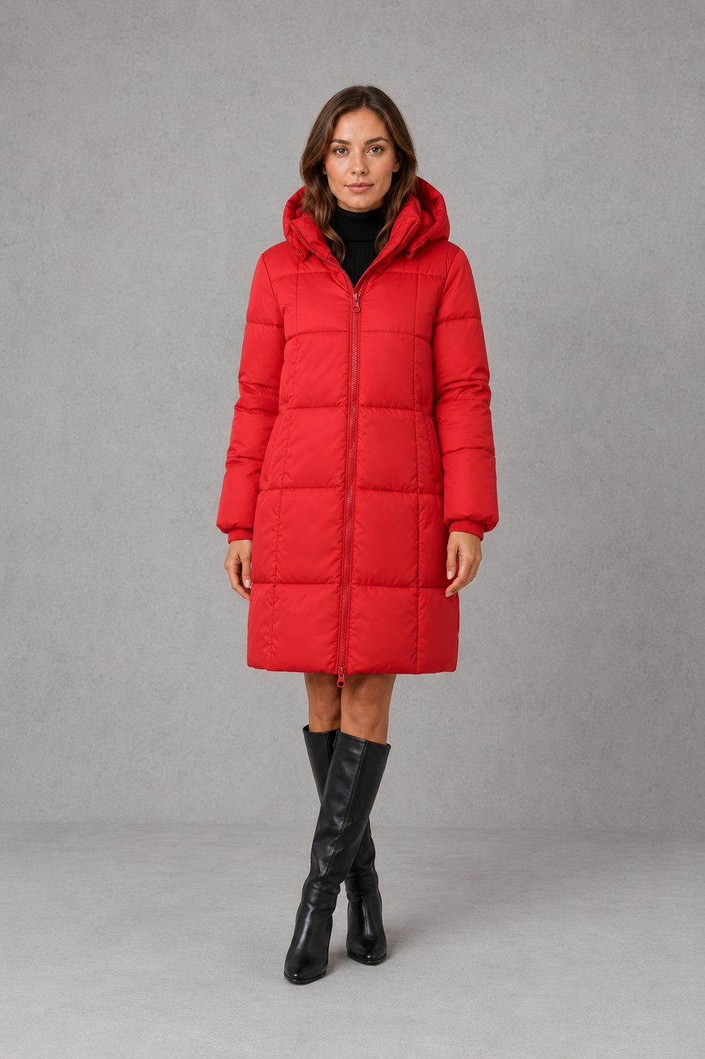 Women’s lightweight hooded puffer coat with quilted insulation, a structured hood and softly tailored silhouette for comfortable cold-weather wear.