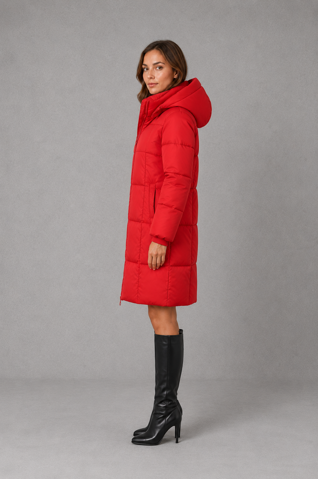 Women’s lightweight hooded puffer coat with quilted insulation, a structured hood and softly tailored silhouette for comfortable cold-weather wear.